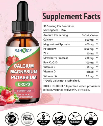 Calcium Magnesium Potassium Supplements,Magnesium Glycinate 400mg Zinc MultiVitamin Drops Calcium Magnesium Supplement High Absorption Vegan Non GMO (60ml/Strawberry Flavor)