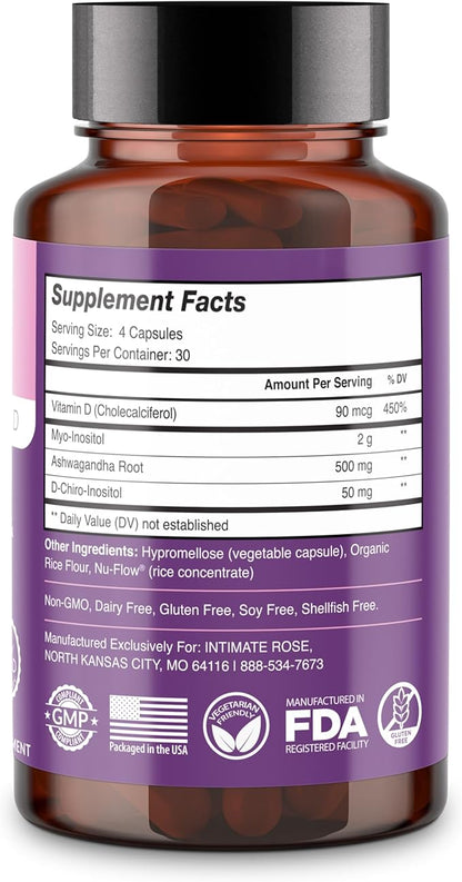 Intimate Rose Myo-Inositol & D-Chiro Inositol Supplement - 40:1 Blend + Vitamin D3 + Ashwagandha - Vegan Capsule - Inositol Supplement - Clean Label Project Certified