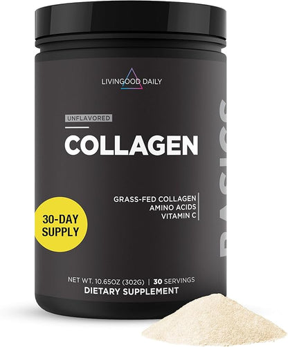 Livingood Daily Collagen Powder for Women & Men (Unflavored) - Grass-Fed Hydrolyzed Collagen Peptide - Complete Protein & Amino Acids for Healthy Hair, Skin & Nails - Keto, Gluten Free - 30 Servings
