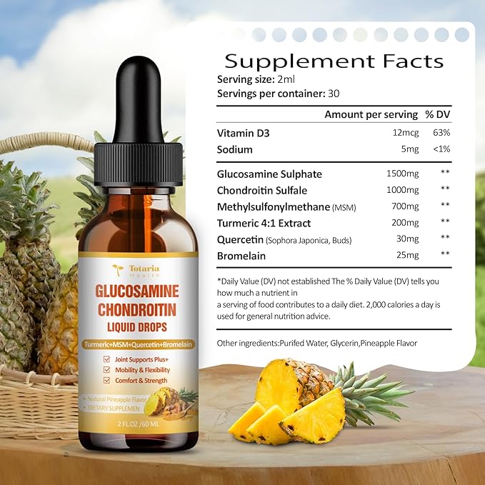 Glucosamine Chondroitin MSM Liquid Drops - FSA HSA Eligible Items List Chondroitin Sulfate Supplement Turmeric, Quercetin, Bromelain, MSM Oil Support Joint Health Vegan Supplements