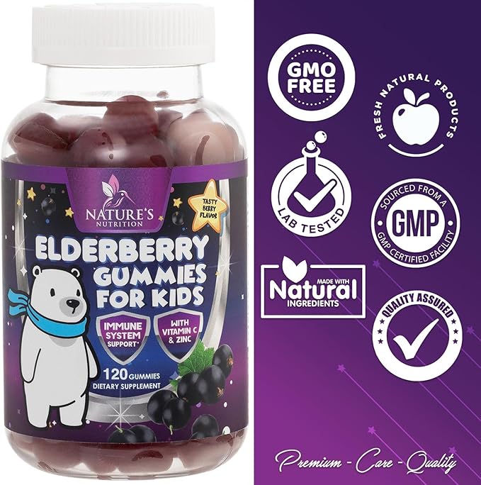 Sambucus Elderberry Immune Gummies for Kids with Vitamin C, Zinc & Elderberry, Daily Childrens Immune Support Vitamins Gummy Children Ages 4 Up, Natures Supplement, Non-GMO, Berry Flavor, 120 Gummies