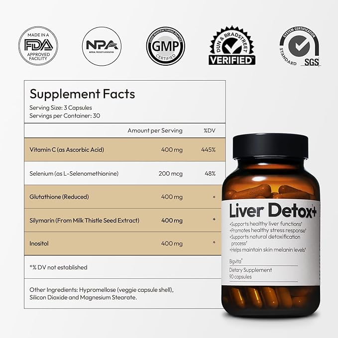 BigVita Liver Detox Vegan Gluten Free Liver Health Supplement Cleanse Detox & Repair Hangover Helper Contains Milk Thistle Glutathione Vitamin C Inositol and Selenium, 90 Capsules