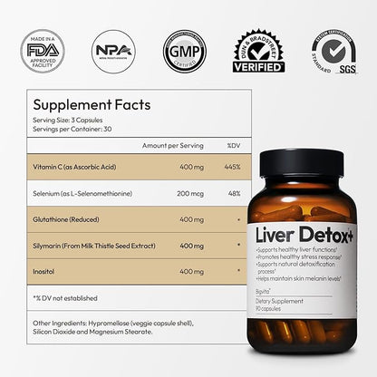 BigVita Liver Detox Vegan Gluten Free Liver Health Supplement Cleanse Detox & Repair Hangover Helper Contains Milk Thistle Glutathione Vitamin C Inositol and Selenium, 90 Capsules