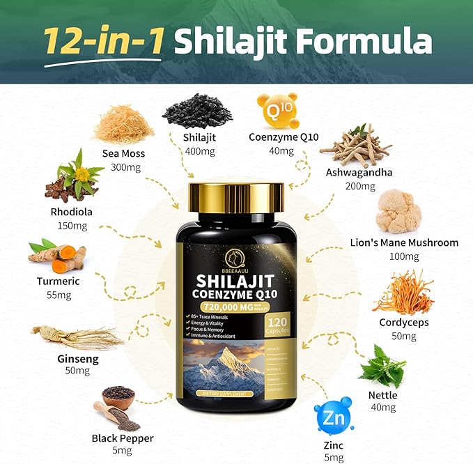 Sea Moss and Shilajit Bundle, All in 1 Supplements with Shilajit 720,000mg, Sea Moss 684,000mg, Coenzyme Q10, Black Seed, Ashwagandha, Burdock for Energy, Antioxidant, Immune Support, 240 Capsules