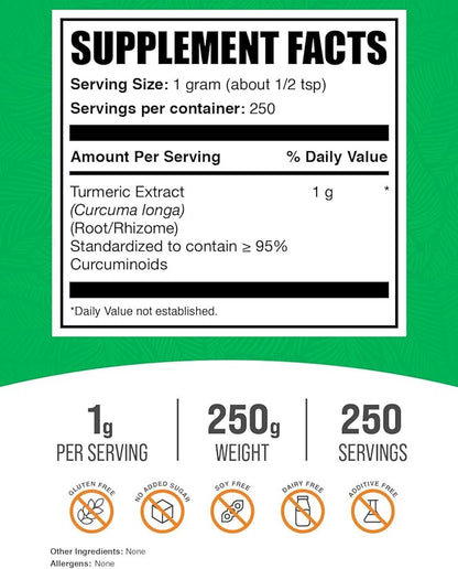 BulkSupplements.com Turmeric Extract Powder - from Turmeric Root, Curcumin Supplements 1000mg, Turmeric Curcumin Powder - Gluten Free, 1000mg per Serving, 250g (8.8 oz) (Pack of 1)