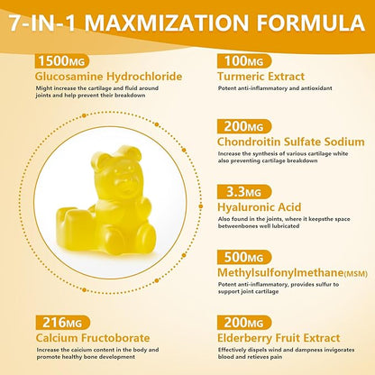 Sugar Free Glucosamine Chondroitin Gummies, Extra Strength 1500mg Glucosamine with Chondroitin MSM & Elderberry & Turmeric, Joint Support Supplement for Men & Women Move Free Joint Health