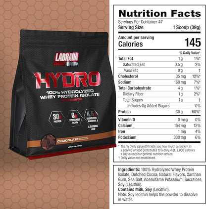 Labrada Hydro 100% Pure Hydrolyzed Whey Protein Isolate Powder, Lactose Free, Glutamine, Fastest Digesting Whey Available, Instant Mixing, Delicious Taste 47 Servings 4lb (Chocolate)