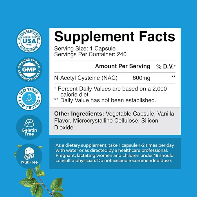 NAC Supplement N-Acetyl Cysteine 600mg - Vegan High Absorption Non-Smelly NAC 600 mg Capsules Glutathione Precursor for Liver Cleanse Detox & Repair plus Lung Health and Immunity Support (240ct)