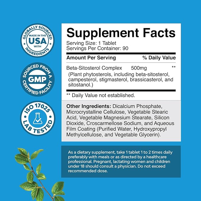 Natures Craft Plant Sterols Complex with Beta Sitosterol - 500mg Beta-Sitosterol Sterols and Stanols Supplement for Prostate Support - Prostate Health Supplement for Men - 90 Tablets