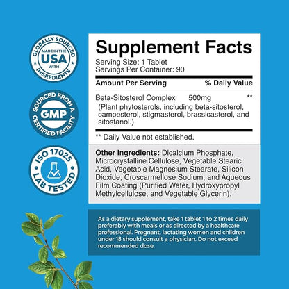 Natures Craft Plant Sterols Complex with Beta Sitosterol - 500mg Beta-Sitosterol Sterols and Stanols Supplement for Prostate Support - Prostate Health Supplement for Men - 90 Tablets