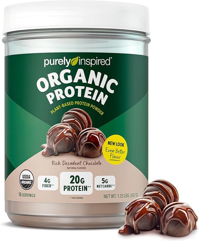 Purely Inspired Plant-Based Protein Powder for Men & Women, Rich Decadent Chocolate (16 Servings) - Vegan & Organic - 20g of Pea Protein Powder for Smoothies & Shakes - Dairy-Free, & Gluten-Free