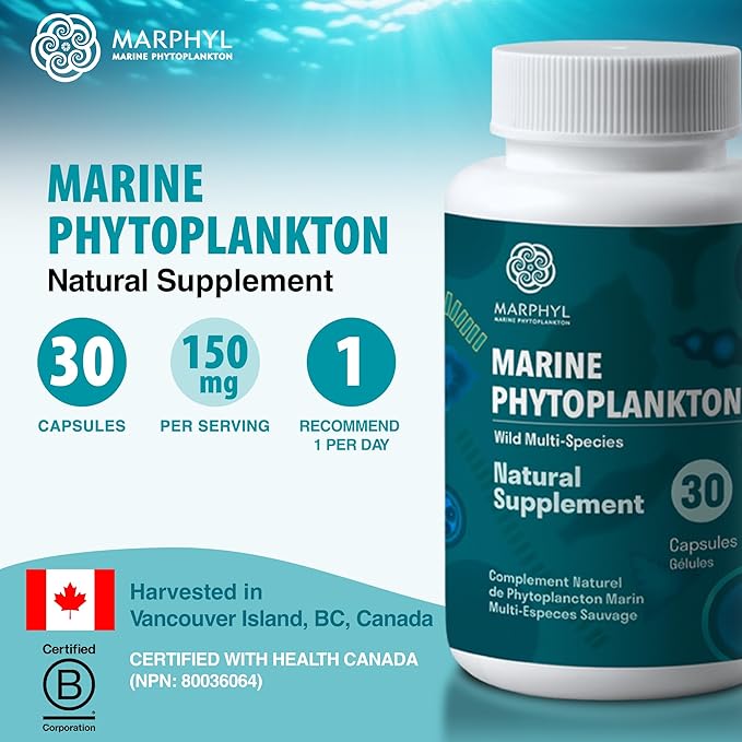 MARPHYL Marine Phytoplankton Wild Multi Species Natural Supplement - 150 mg per Capsule - Organic - 30 Vegan Capsules - from Vancouver Island, Canada