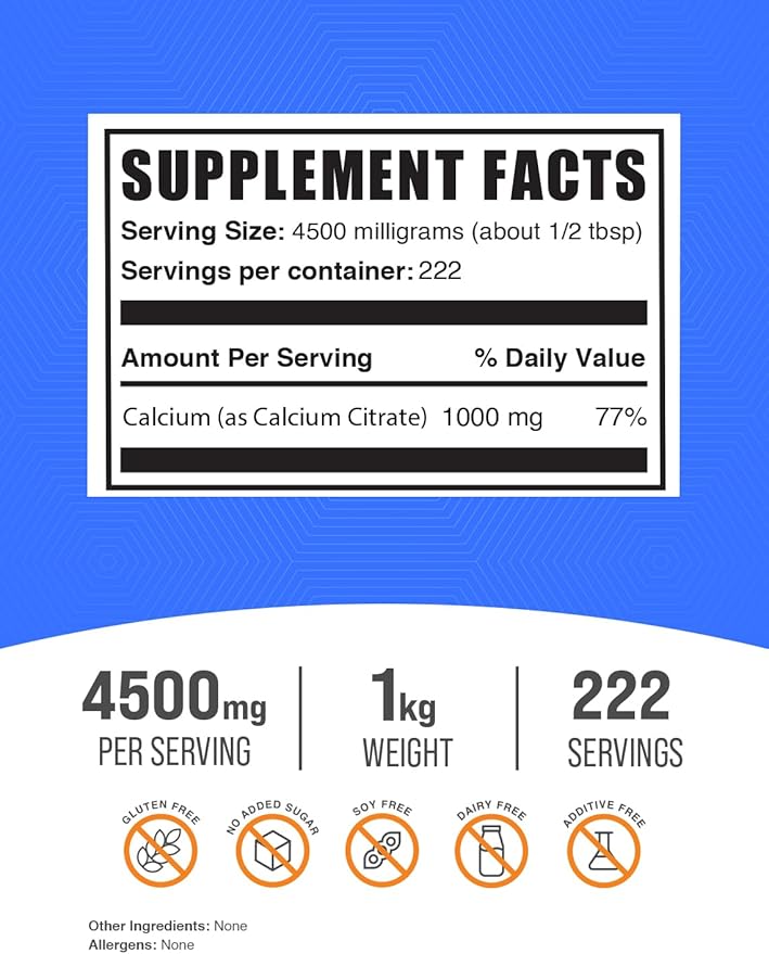 BulkSupplements.com Calcium Citrate Powder - Calcium Citrate Supplement, Calcium Citrate 1000mg - Gluten Free, 4500mg (1000mg Calcium) per Serving, 1kg (2.2 lbs) (Pack of 1)
