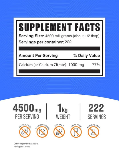 BulkSupplements.com Calcium Citrate Powder - Calcium Citrate Supplement, Calcium Citrate 1000mg - Gluten Free, 4500mg (1000mg Calcium) per Serving, 1kg (2.2 lbs) (Pack of 1)