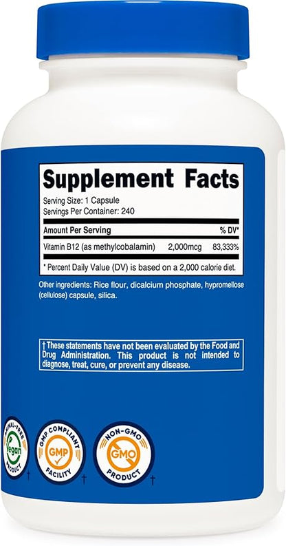 Nutricost Vitamin B12 (Methylcobalamin) 2000mcg, 240 Capsules - Vegetarian Caps, Non-GMO, Gluten Free B12 Supplement