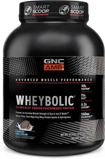 GNC AMP Wheybolic Whey Protein Powder Isolate with BCAA | Targeted Muscle Building and Workout Support Formula |Gluten Free | Cookies and Cream | 25 Servings