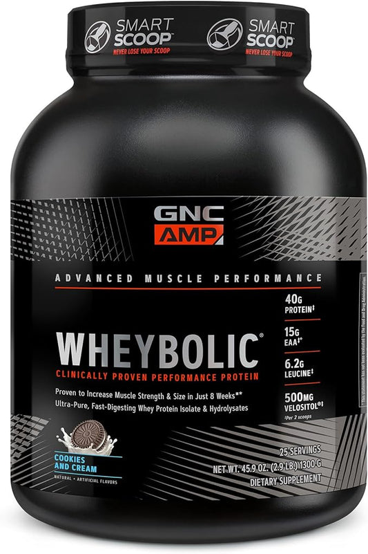 GNC AMP Wheybolic Whey Protein Powder Isolate with BCAA | Targeted Muscle Building and Workout Support Formula |Gluten Free | Cookies and Cream | 25 Servings