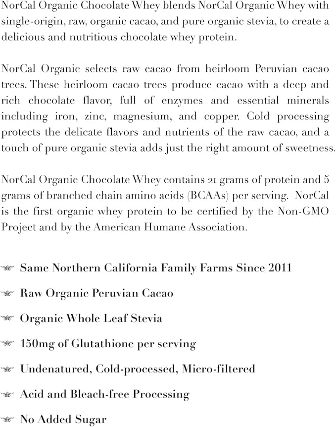 NorCal Organic Chocolate Whey Protein | 100% USA Grass-Fed, USDA Certified | Naturally Flavored with Raw Cacao from California Family Farms | 32 Ounce (Pack of 1) - 32 Servings