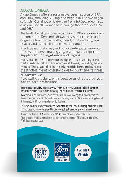 Nordic Naturals Algae Omega - 90 Soft Gels - 715 mg Omega-3 - Certified Vegan Algae Oil - Plant-Based EPA & DHA - Heart, Eye, Immune & Brain Health - Non-GMO - 45 Serving