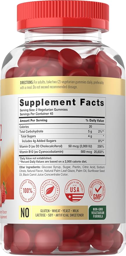 Carlyle Vitamin D3 + B12 Complex Gummies | 90 Count | Vegetarian, Non-GMO, and Gluten Free Formula | Strawberry Flavor Supplement