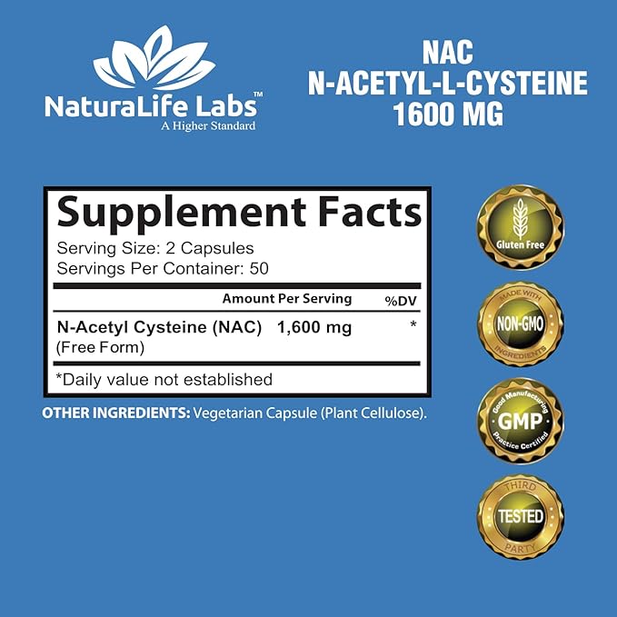 NaturaLife Labs A Higher Standard N-Acetyl-L-Cysteine (NAC) 1600 mg Immune Support & Antioxidants*, Free-Radicals, Free Form - 100 Veggie Capsules
