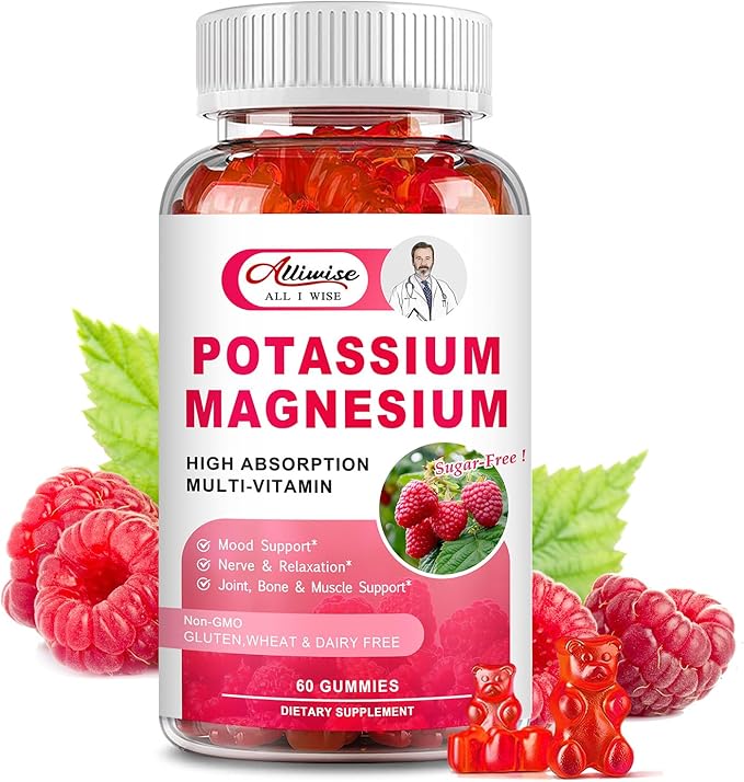 Potassium Magnesium Supplement Gummies with Potassium Citrate 200mg + Magnesium Glycinate 500mg for Bone & Muscle Relaxation,Mood & Energy Support.High Absorption Vitamin B6, D3, C.Raspberry Flavor