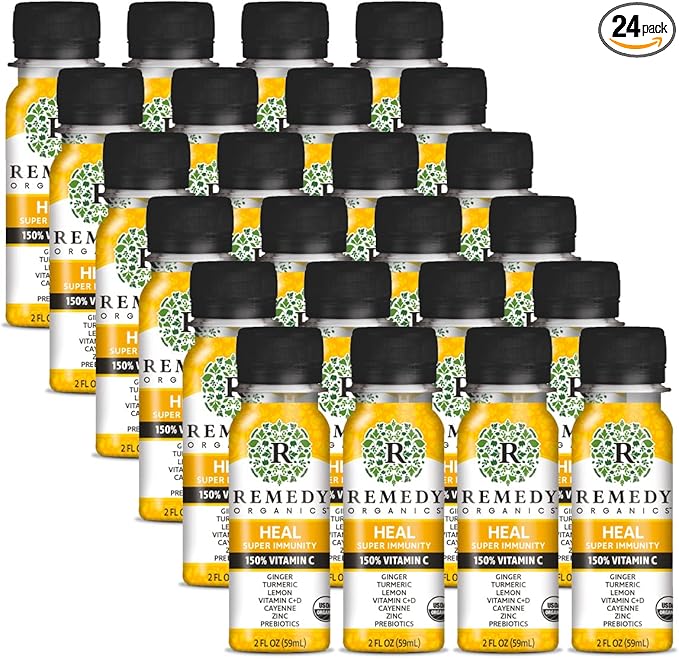 Remedy Organics Immunity Plus Shot, Heal 24-Pack | Boost Energy, Brain Function, Detoxification, and Metabolism | Certified-Organic Ingredients