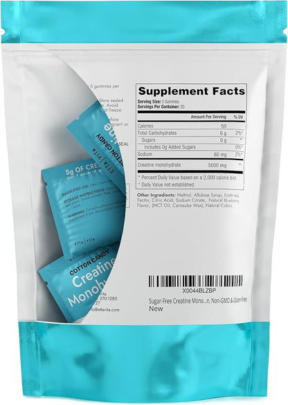 Sugar-Free Creatine Monohydrate Gummies (1g/Gummy) Potent Creatine Gummies for Men & Women, Creatine Supplement for Muscle Support, Cellular Energy, Cognitive Function - Non-GMO, Gluten-Free, Vegan