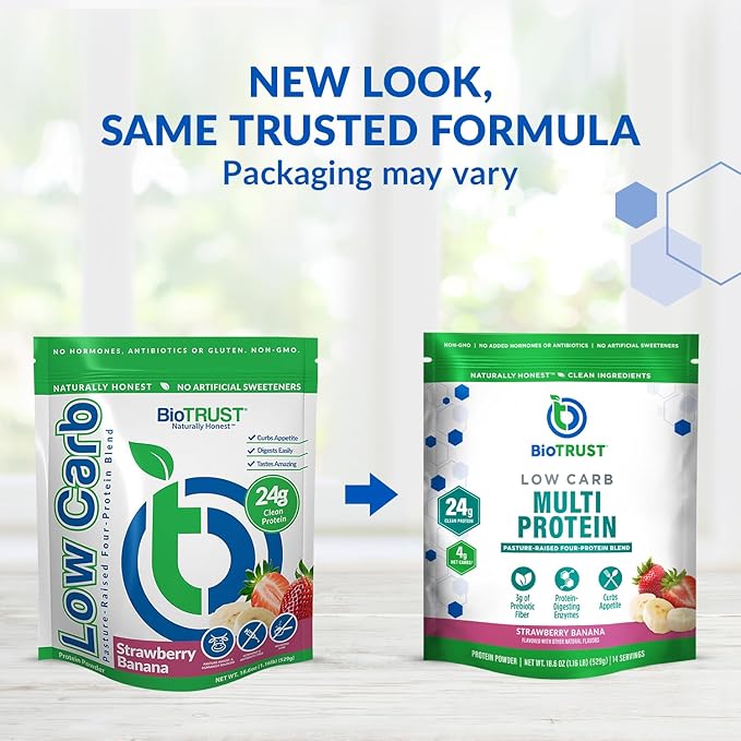 BioTrust Low Carb Protein Powder – Delicious Whey & Casein Blend from Grass-Fed Hormone Free Cows – Non GMO, Gluten Free (Strawberry Banana)