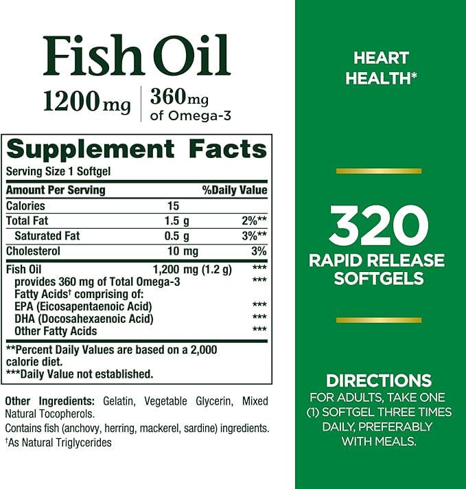 Nature's Bounty Fish Oil, Dietary Supplement, Omega 3, Supports Heart Health, 1200mg, Rapid Release Softgels, 320 Ct