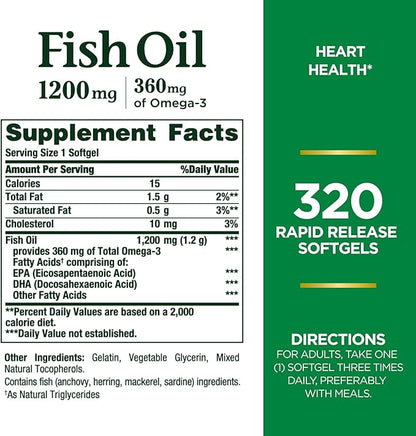 Nature's Bounty Fish Oil, Dietary Supplement, Omega 3, Supports Heart Health, 1200mg, Rapid Release Softgels, 320 Ct