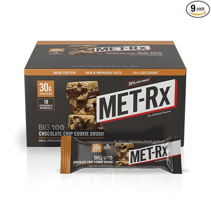 MET-Rx Big 100 Colossal Protein Bars, Chocolate Chip Cookie Dough Meal Replacement Bars, 9 Count (Pack of 1)
