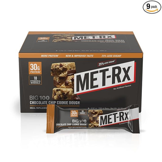 MET-Rx Big 100 Colossal Protein Bars, Chocolate Chip Cookie Dough Meal Replacement Bars, 9 Count (Pack of 1)