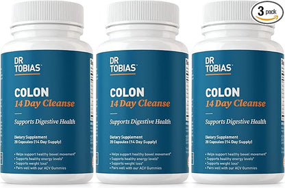 Dr. Tobias Colon 14 Day Cleanse, Advanced Gut Cleanse Detox for Women & Men with Cascara Sagrada, Psyllium Husk, Senna Leaf & Probiotics, Non-GMO Colon Cleanse, 3 Bottles of 28 Capsules (1-2 Daily)