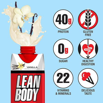 Lean Body Ready-to-Drink Vanilla Protein Shake, 40g Protein, Whey Blend, 0 Sugar, Gluten Free, 22 Vitamins & Minerals, 17 Fl Oz (Pack of 12) LABRADA