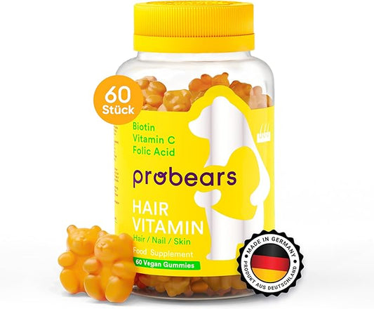 Probears® Biotin (B7) Vegan Hair Growth Gummies Vitamins - 10.000 mcg,Essential Vitamins A, B5, B6, B12, C, D2, E for Hair Loss Prevention - Gluten-Free, Gelatin-Free, Halal - 60 Count