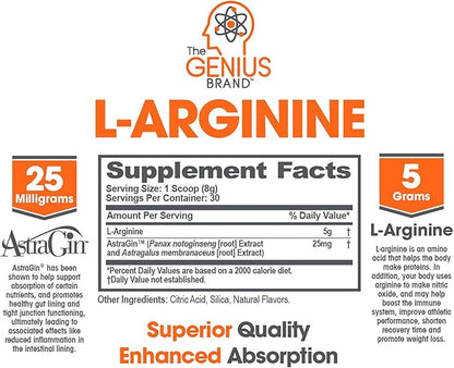 Genius L-Arginine Nitric Oxide Powder - Fermented L- Arginine Nutritional Supplements & Nitric Oxide Booster - Pre Workout, Natural Muscle Builder - 30 Servings, Lemon