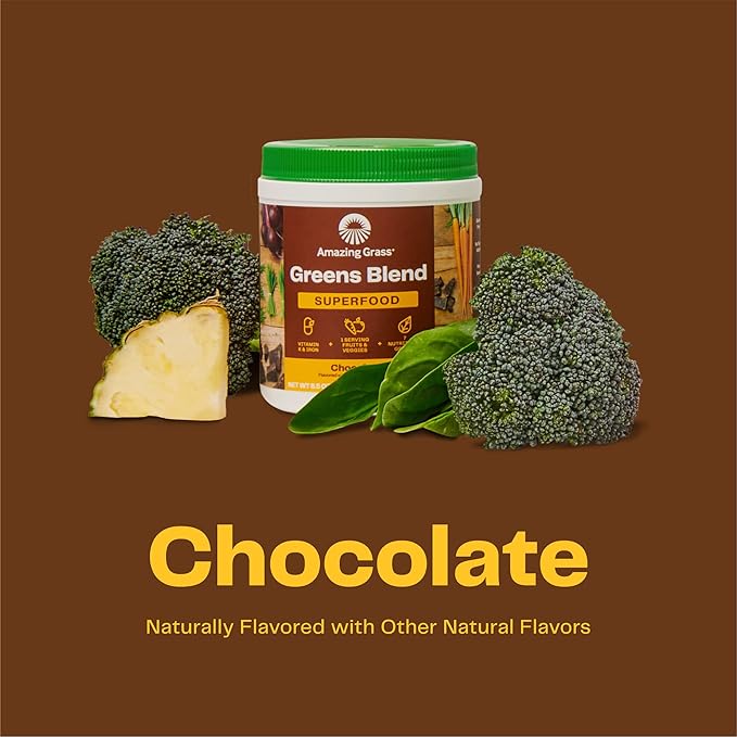 Amazing Grass Greens Superfood Powder: Greens Powder with Digestive Enzymes & Probiotics, Organic Spirulina, Chlorella, and Beet Root Powder, Chocolate, 60 Servings