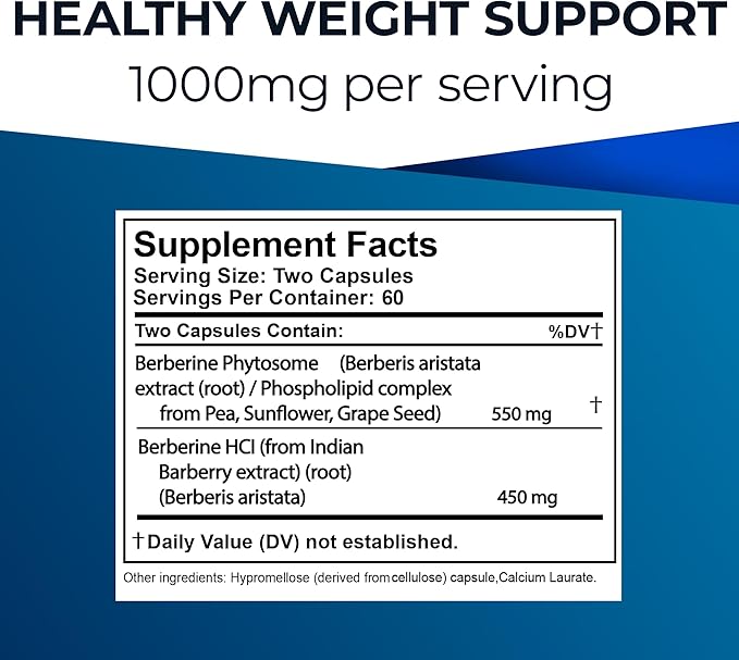 Ultimate Berberine Phytosome for Healthy Weight Management - Dual Action Formula with Berberine HCL - Carbohydrate Metabolism, GI, Immunity & Cholesterol Support - 1000mg Maximum Strength Supplement