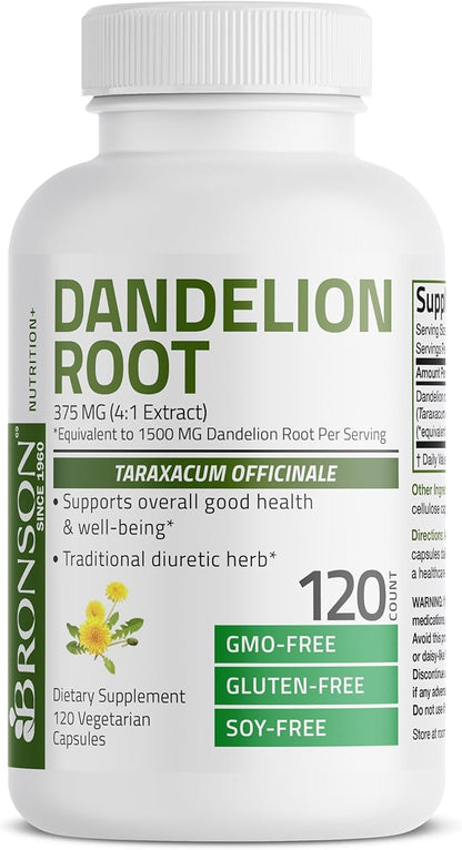 Bronson Dandelion Root High Potency Supplement, Supports Overall Good Health & Well-Being, Traditional Diuretic Herb - Non-GMO, 120 Vegetarian Capsules