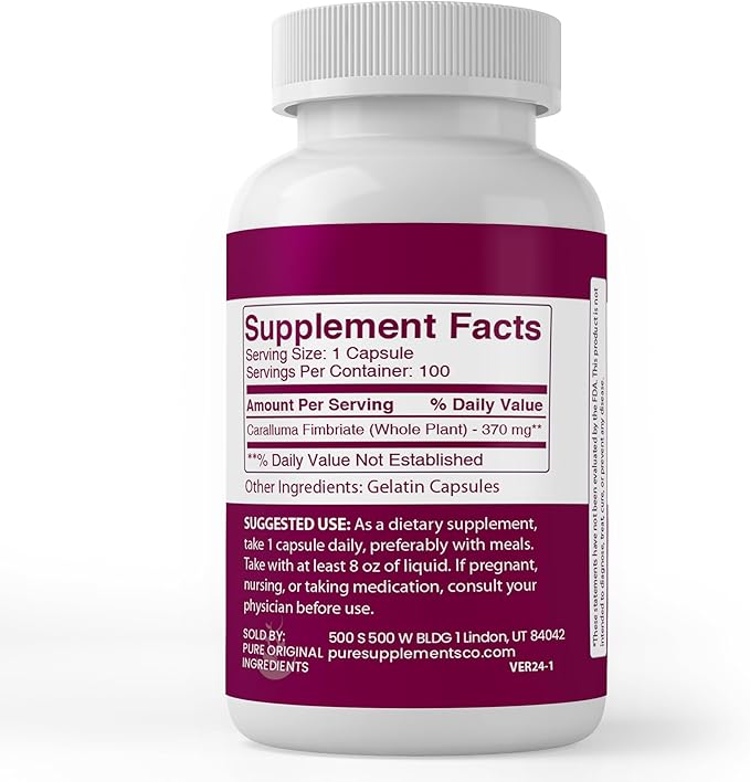 PURE ORIGINAL INGREDIENTS Caralluma Fimbriata, (100 Capsules) Always Pure, No Additives Or Fillers, Lab Verified