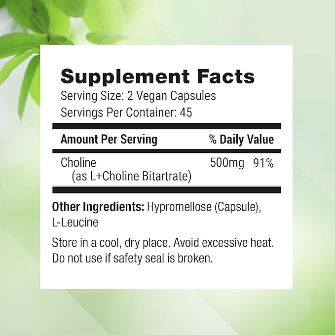 Nested Naturals Choline Bitartrate 500mg - High Potency Choline Supplements - Supports Cognitive Performance & Liver Function - 100% Vegan & Non-GMO Choline - 90 Vegan Capsules