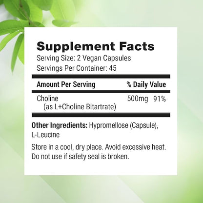 Nested Naturals Choline Bitartrate 500mg - High Potency Choline Supplements - Supports Cognitive Performance & Liver Function - 100% Vegan & Non-GMO Choline - 90 Vegan Capsules