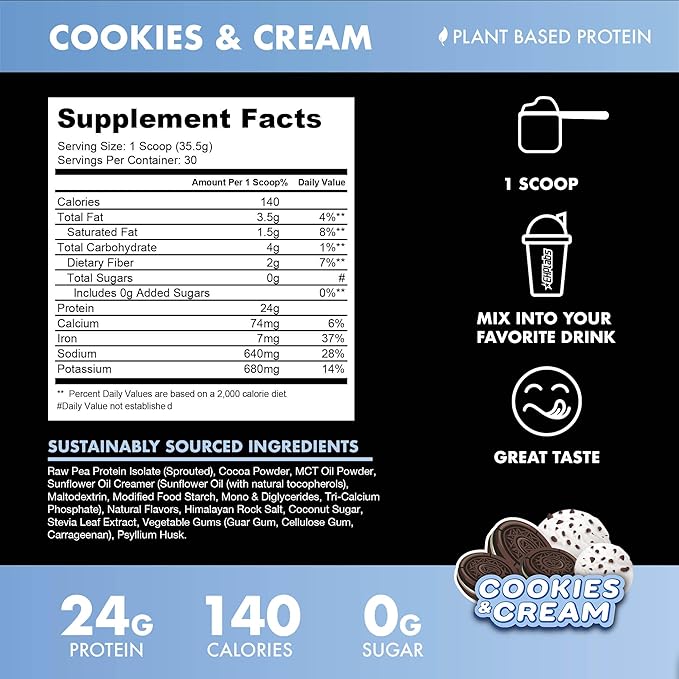 Blessed Vegan Protein Powder - Plant Based Protein Powder Meal Replacement Protein Shake, 23g of Pea Protein Powder, Dairy Free, Gluten Free, Soy Free, No Sugar Added, 30 Servings (Cookies & Cream)
