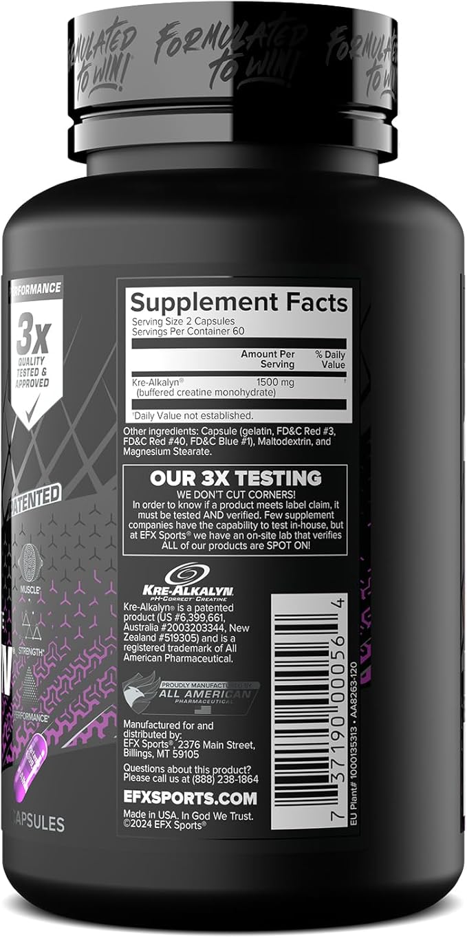 EFX Sports Kre-Alkalyn EFX | pH Correct Creatine Monohydrate Pill Supplement | Strength, Muscle Growth & Performance | 60 Servings, 120 Capsules