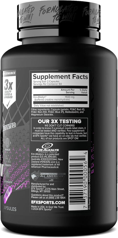 EFX Sports Kre-Alkalyn EFX | pH Correct Creatine Monohydrate Pill Supplement | Strength, Muscle Growth & Performance | 60 Servings, 120 Capsules