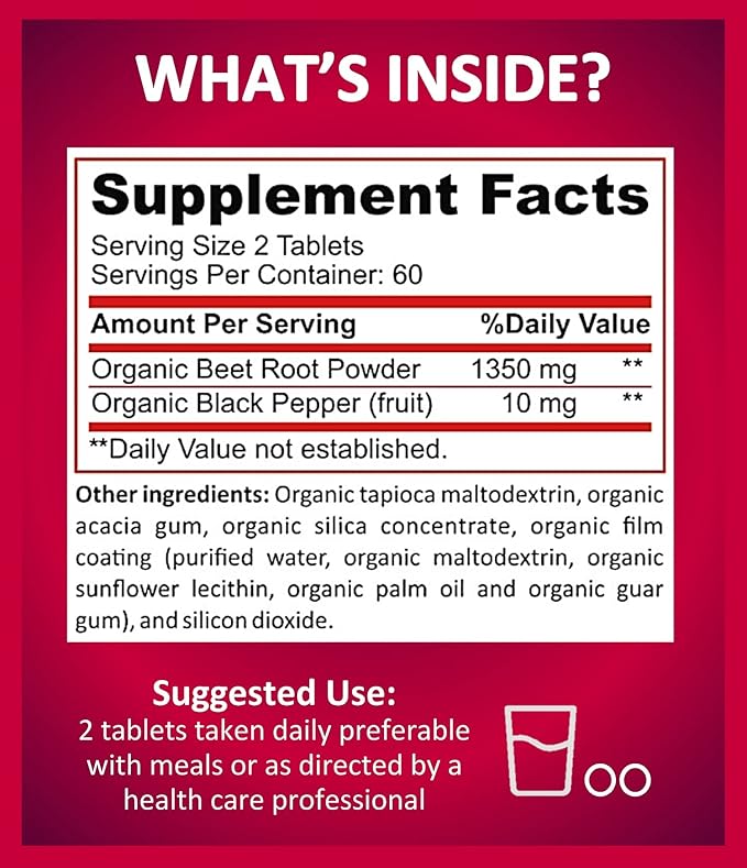 Potent Garden Organic Beet Root Powder (120 Tablets) 1350mg Beets Per Serving with Black Pepper for Extra Absorption - Super Antioxidant and Nitrate Supplement for Athletic Performance and Stamina
