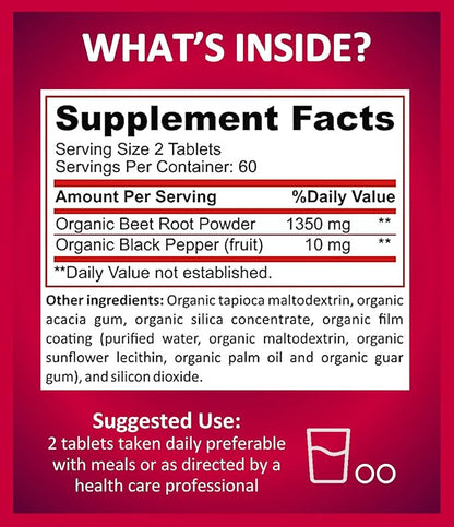 Potent Garden Organic Beet Root Powder (120 Tablets) 1350mg Beets Per Serving with Black Pepper for Extra Absorption - Super Antioxidant and Nitrate Supplement for Athletic Performance and Stamina