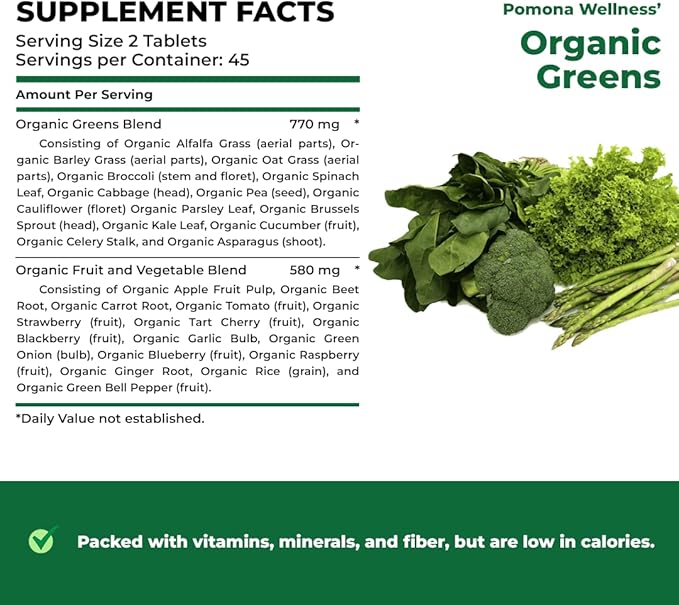 Pomona Wellness Organic Super Greens Supplement, Full Of Superfood Vitamins & Minerals, Fruits & Vegetable, Greens Powder for Bloating and Digestion, USDA Organic, Non-GMO, Vegan, 120 Tablets (2 Pack)