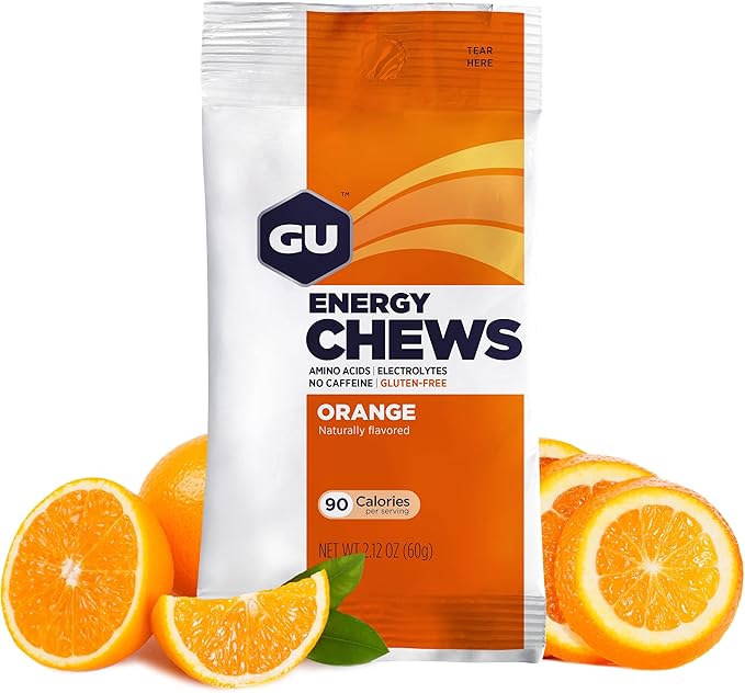 GU Energy Chews, Orange Energy Gummies with Electrolytes, Vegan, Gluten-Free, Kosher, Caffeine-Free, and Dairy-Free On-The-Go Energy for Any Workout, 12 Bags (24 Servings Total)